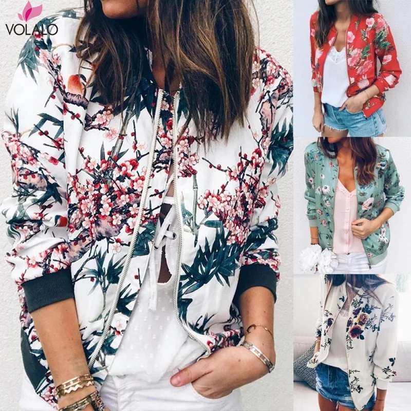 

Floral Print Zipper Casual Jacket Women 2020 Spring Summer Long Sleeve Loose Bomber Jacket Coat O Neck Fashion Tops Outerwear