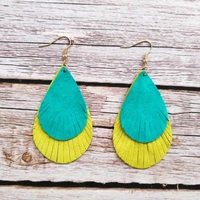zwpon teal and yellow layered leather teardrop earrings for women fashion black white leather feather earrings jewelry wholesale