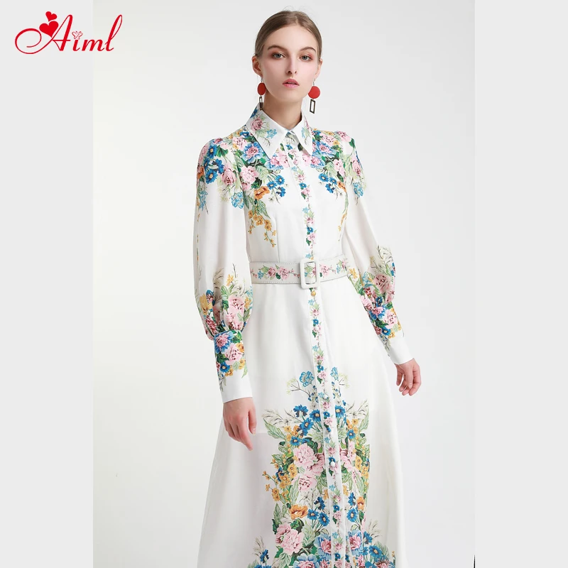 

Designer 2020 Female Summer Vintage Print Long Sleeve Lantern Maxi White Dress Belt Party Elegant Dresses Lady Robe Femme New