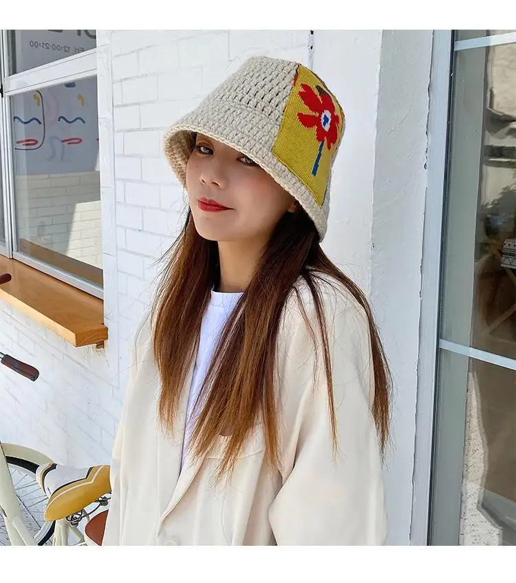 2021 New Knitted Fisherman Hat Women Sweet Style Bucket Hat Flower Patch Pot Cap Vintage Bucket Hats For Women Ladies Gifts