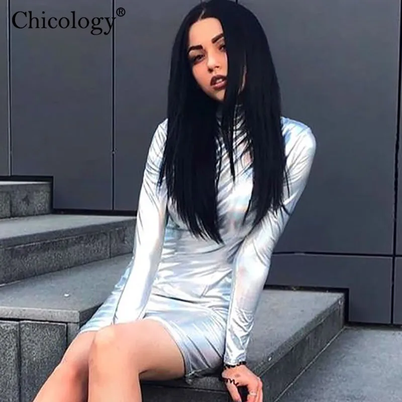 Chicology женское мини платье для вечеринки с длинным рукавом водолазка облегающее обтяжку Дамская уличная одежда Осень Зима Женское неоновое одежда