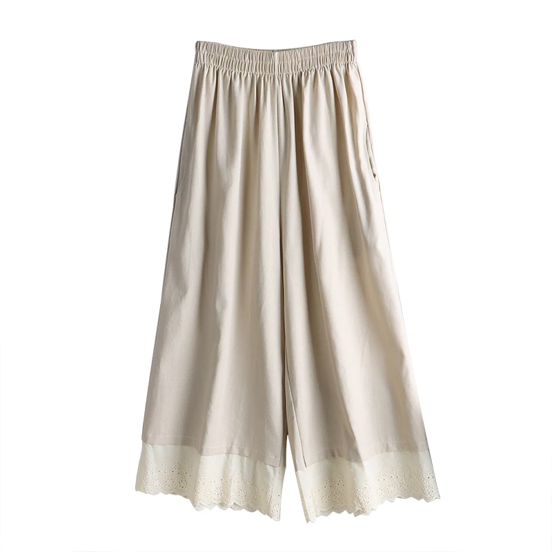 

Lace Spliced Women Wide Leg Pants 2021 Elastic High Waist Pants Solid Baggy Pockets Elegant Calf-Length Trouser Pantalon Femme