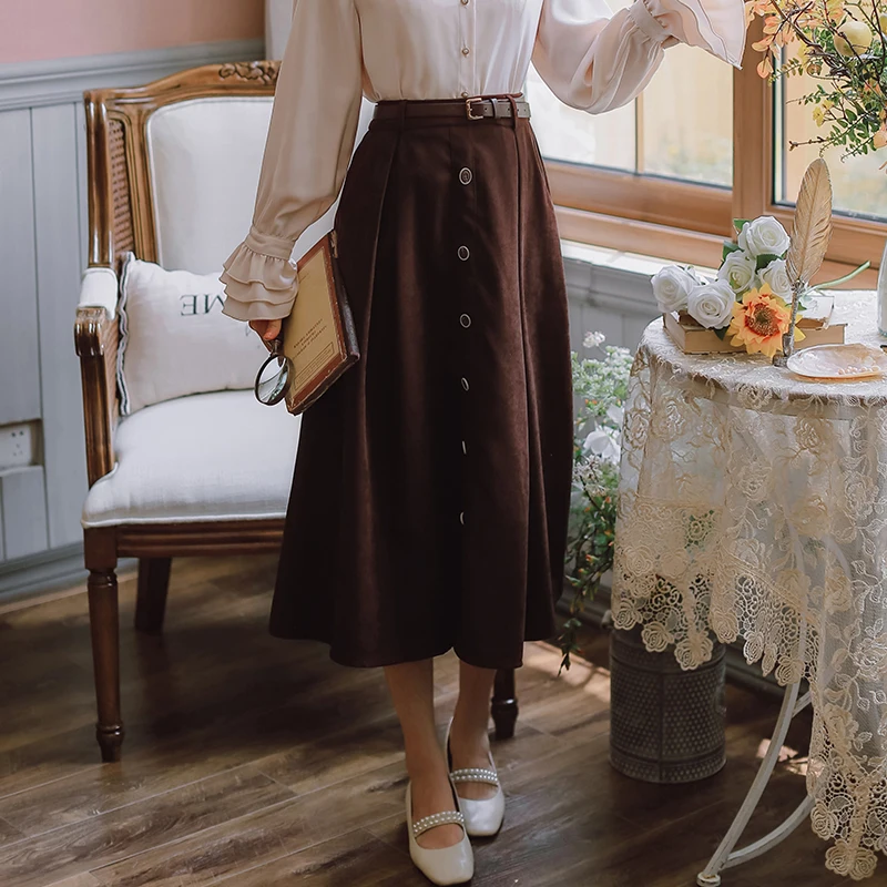 

Fall 2021 Japan Style Sweet Women's Skirt Winter Casual Elastic Waist Single Breasted A-Line Pleated Skirt With Belt Black Brown
