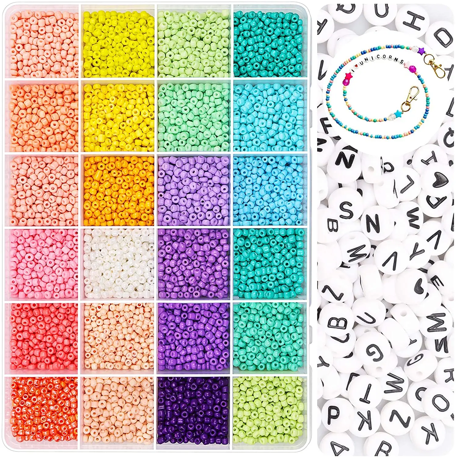

Glass Seed Beads with Letter Beads,2/3/4mm Small Craft Beads for DIY Bracelet Necklace Crafting Jewelry Making Supply with Elast