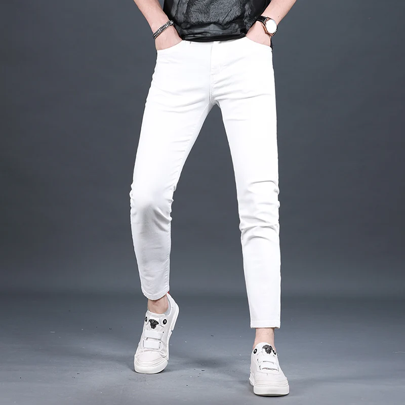 Summer Men's Cotton Stretch White Jeans Korean Style Casual Slim Fit Ankle-Length Pants