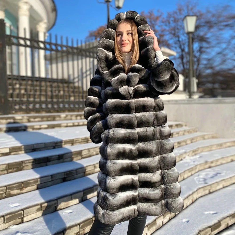 100cm Long Real Rex Rabbit Fur Coat Real Women Winter Fashion Whole Skin Genuine Rex Rabbit Fur Coats with Hood Luxury Overcoats enlarge