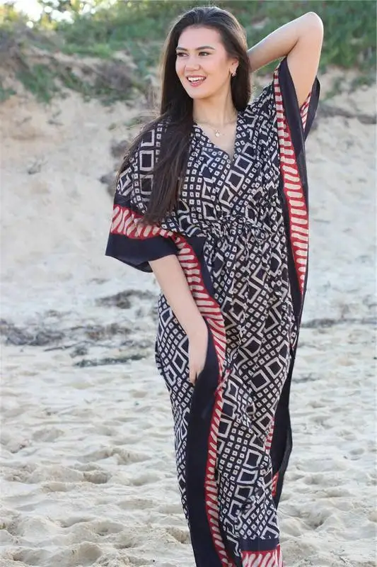 

Printed Square Bikini Blouse Beachwear Bathing Suit Cover Up Polyester Street Style Waist Ribbon Dress Loose on Vacation Beach