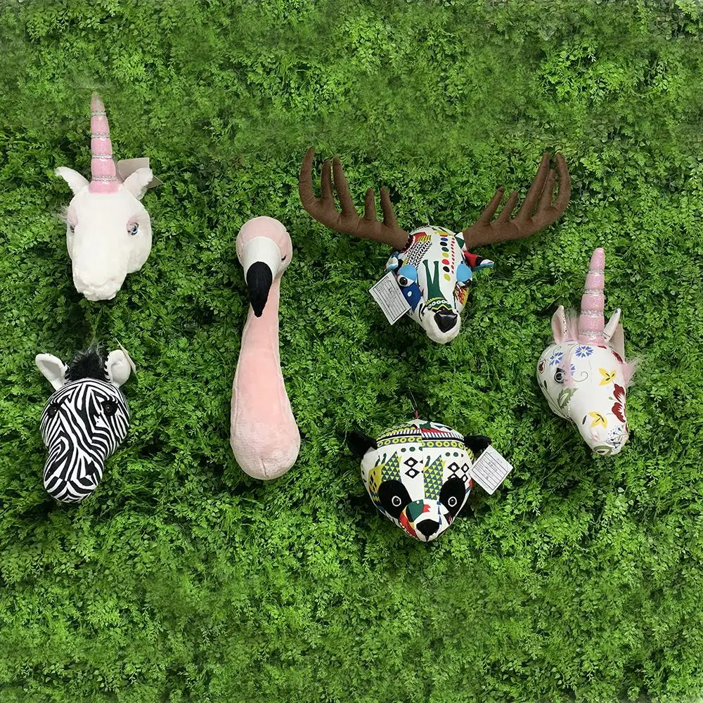 

2021 wholesale ins style stuffed animal head wall decoration head lifelike printed animal head for kids bedroom