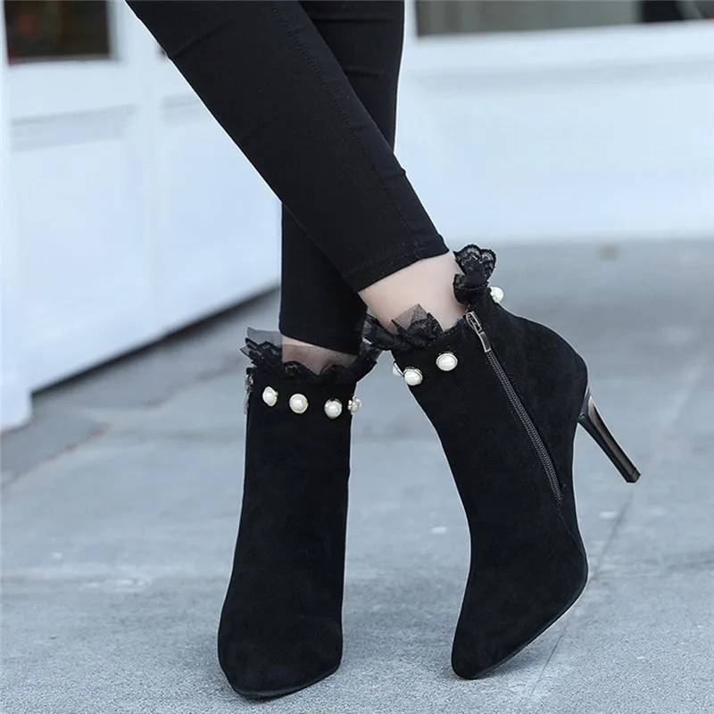 Женские ботинки черные классические элегантные флоковые ботильоны Egland с острым