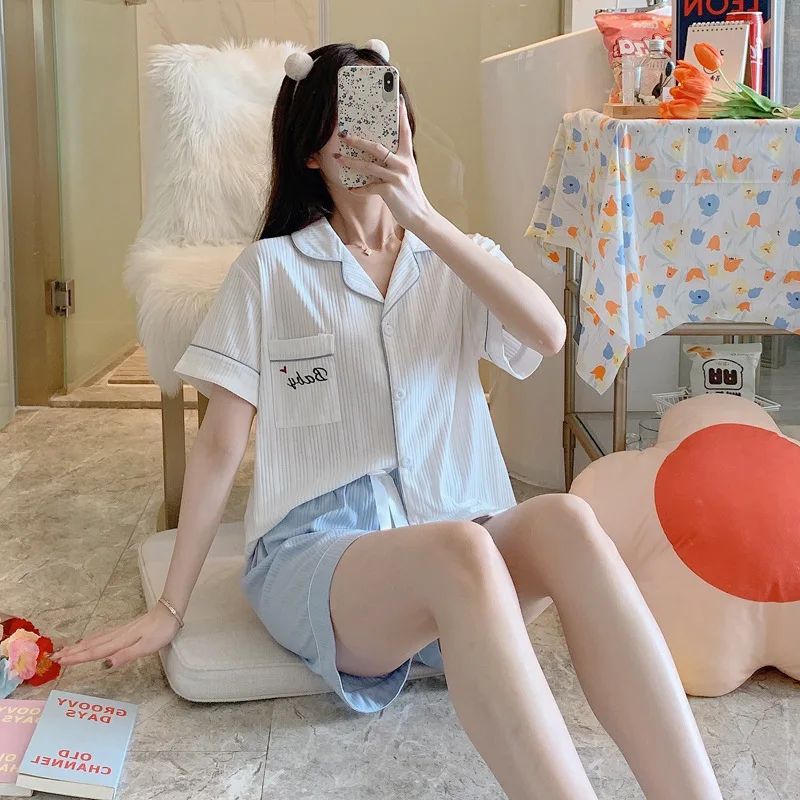 

Women's Clothing Cotton Shorts Sets Kawaii Pijama Two Piece Summer Large Size Fashionable Cardigan Home Wear Pants Sleep Bottom