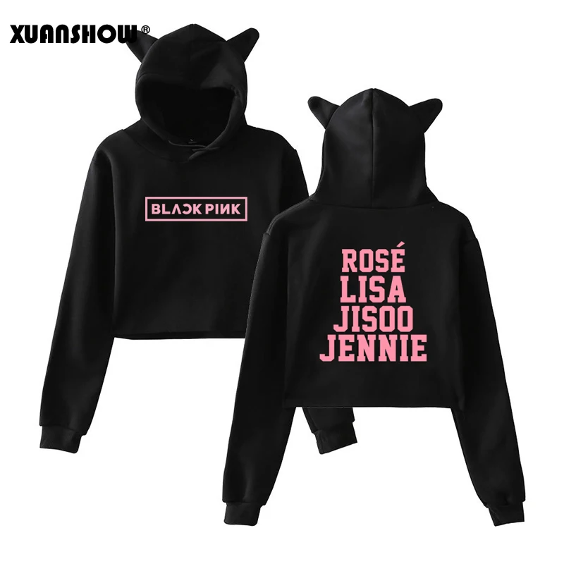 XUANSHOW сексуальный короткий Милый Толстовки женские Толстовки Длинный рукав BlackPink Kpop одежда Толстовка с капюшоном