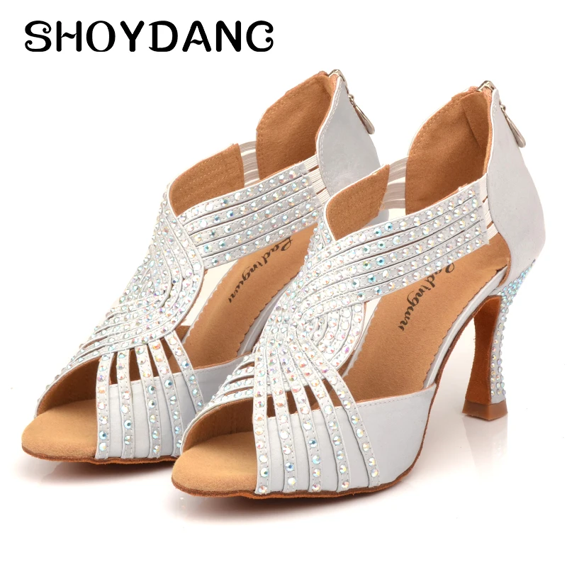 

Silver Latin Dance Shoes Rhinestone Ladies High Heel Ballroom Dance Shoes Indoor Satin Party Stage Performance Dance Shoes