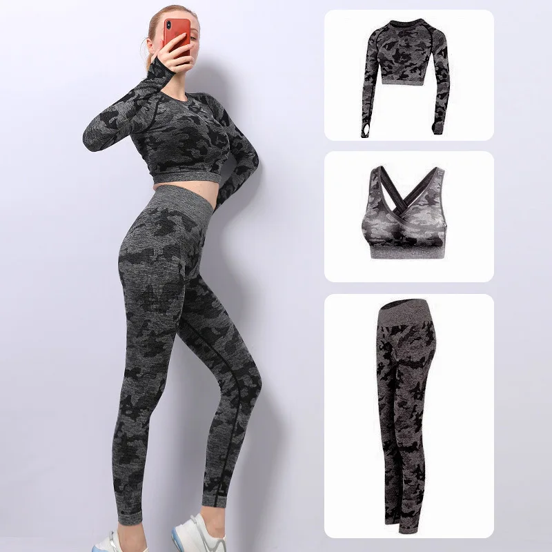 

Three-piece Set Fall/winter Camouflage Yoga Suit Women 2021 Fitness Exercise Leggings Seamless Yoga Suit Suit Fitness Trousers