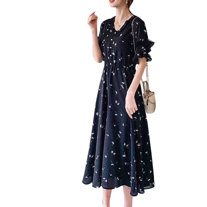 

Women's Spring Summer Chiffon Dress Women's Short Sleeve V-neck Ruffles Printed Casual Prairie Chic Dress SS3631