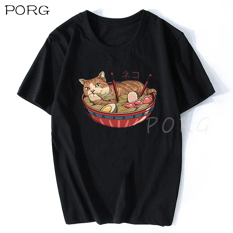 Cute Ramen Japan Cat Anime T Shirt Men's High Quality Aesthetic Cotton Cool Vintage T-shirt Harajuku Streetwear Camisetas Hombre | Мужская