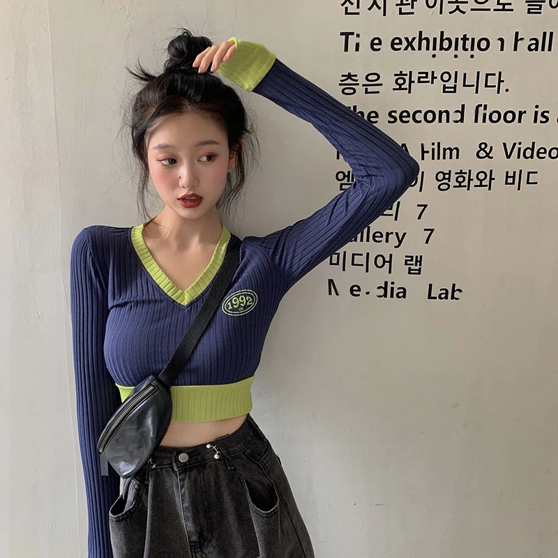 

2021 Spring Sexy V Neck Fashion Sweater Korean Patchwork Knit Long Sleeve Blue Thin Crop Top Pullovers