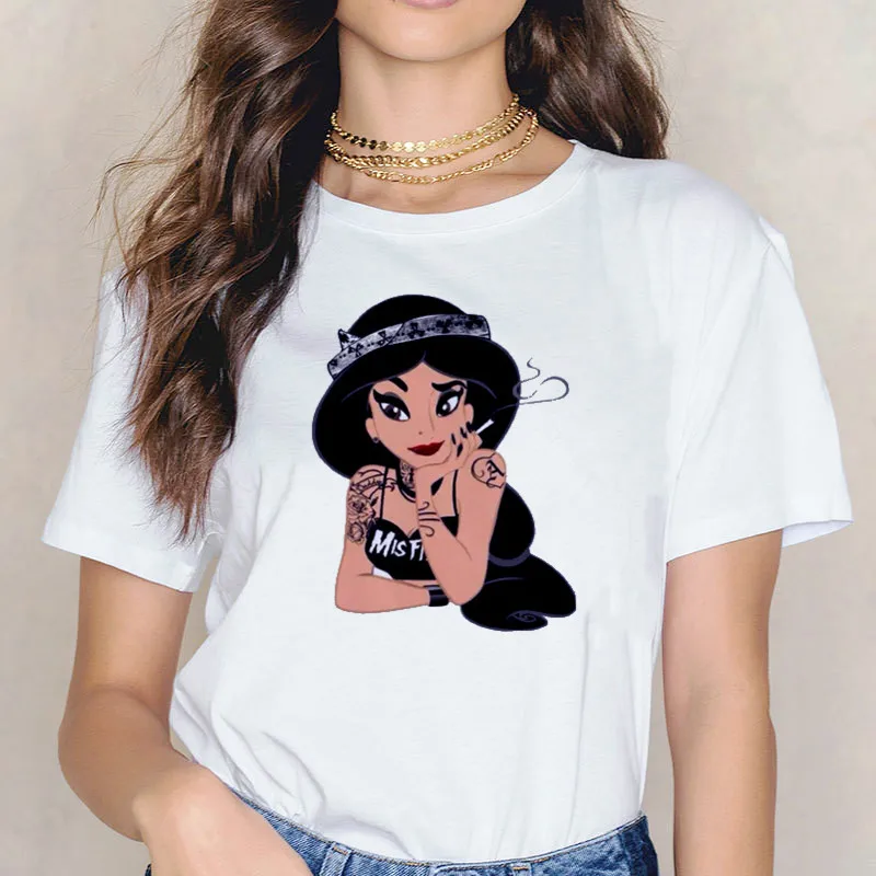 2019 Новая модная футболка женская Татуировка Принцесса Печать Harajuku с круглым