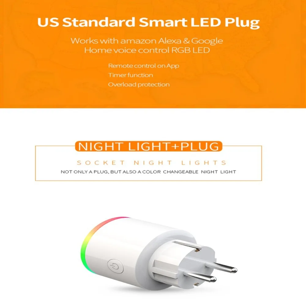 Умная розетка Wi-Fi с Светодиодный индикатор Smart Plug Мощность переключатель монитора с помощью приложения на телефоне голосовой пульт дистанционного управления Управление домашний автоматический таймер RGB свет