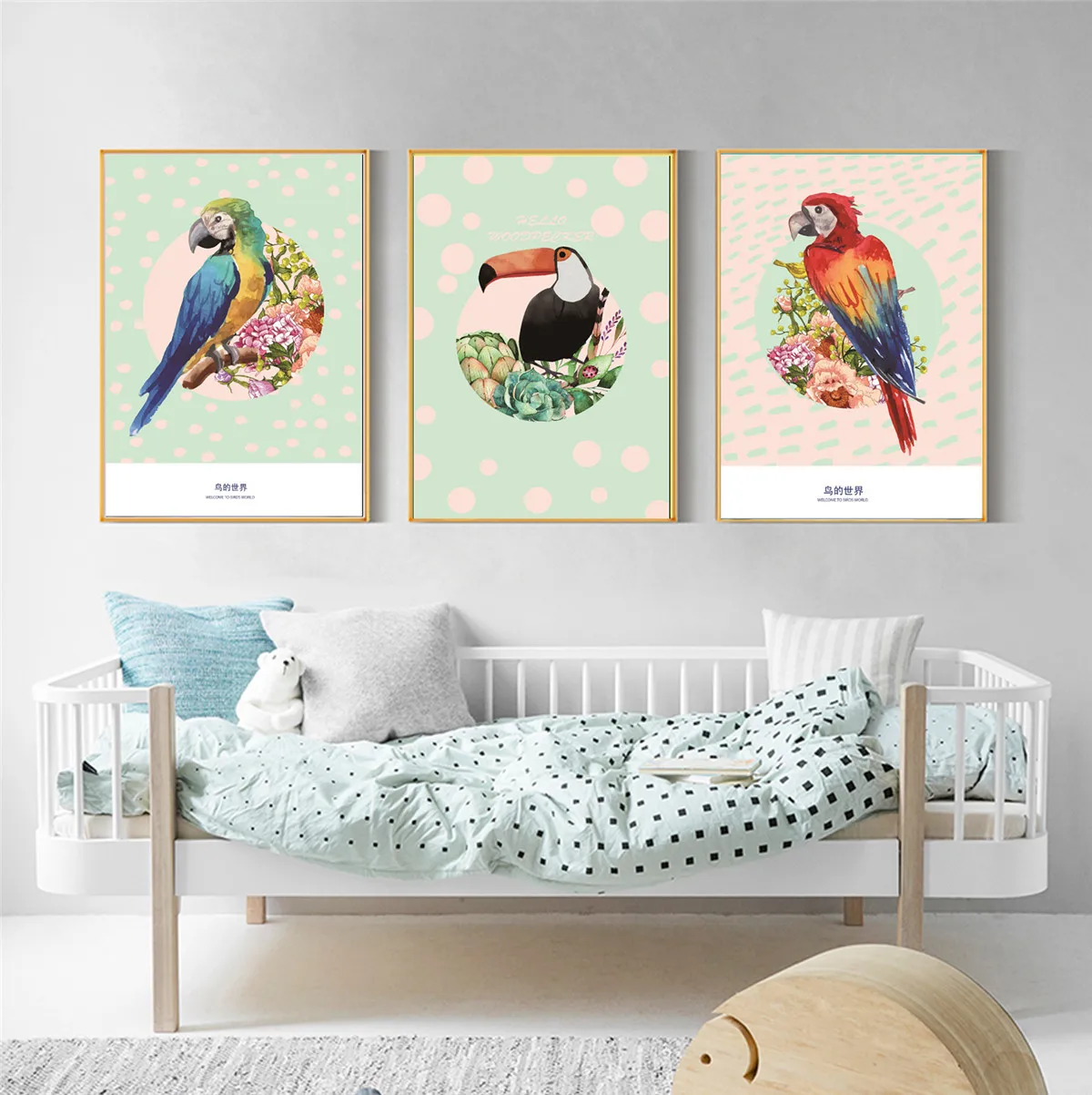 Мультяшные птицы попугай животные акварельная картина холст плакат настенное