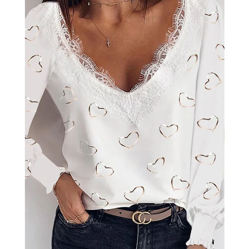 

2021 new style lace collar printed long-sleeved T-shirt for women