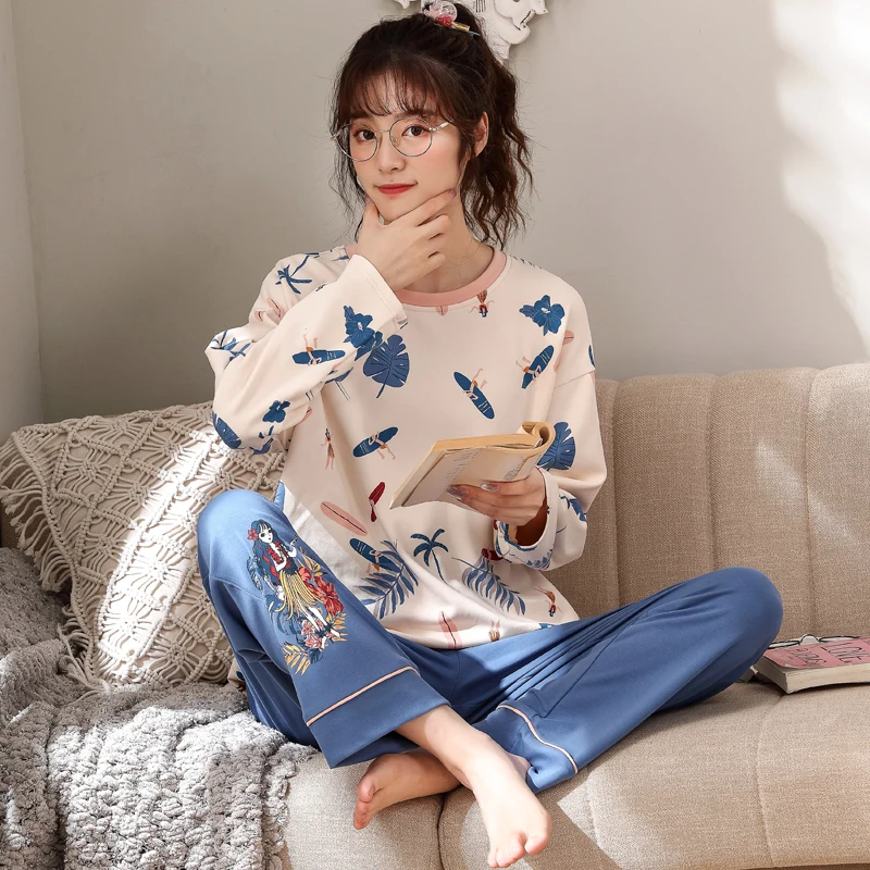 

ATUENDO Autumn Kawaii Pajama Set for Women Winter Warm Satin Soft Sleepwear Suit 100% Cotton PJS Atoff Home Woman Silk Nightwear