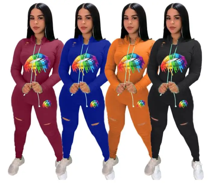 Зимний женский комплект с принтом в виде рта толстовки свитшоты леггинсы штаны