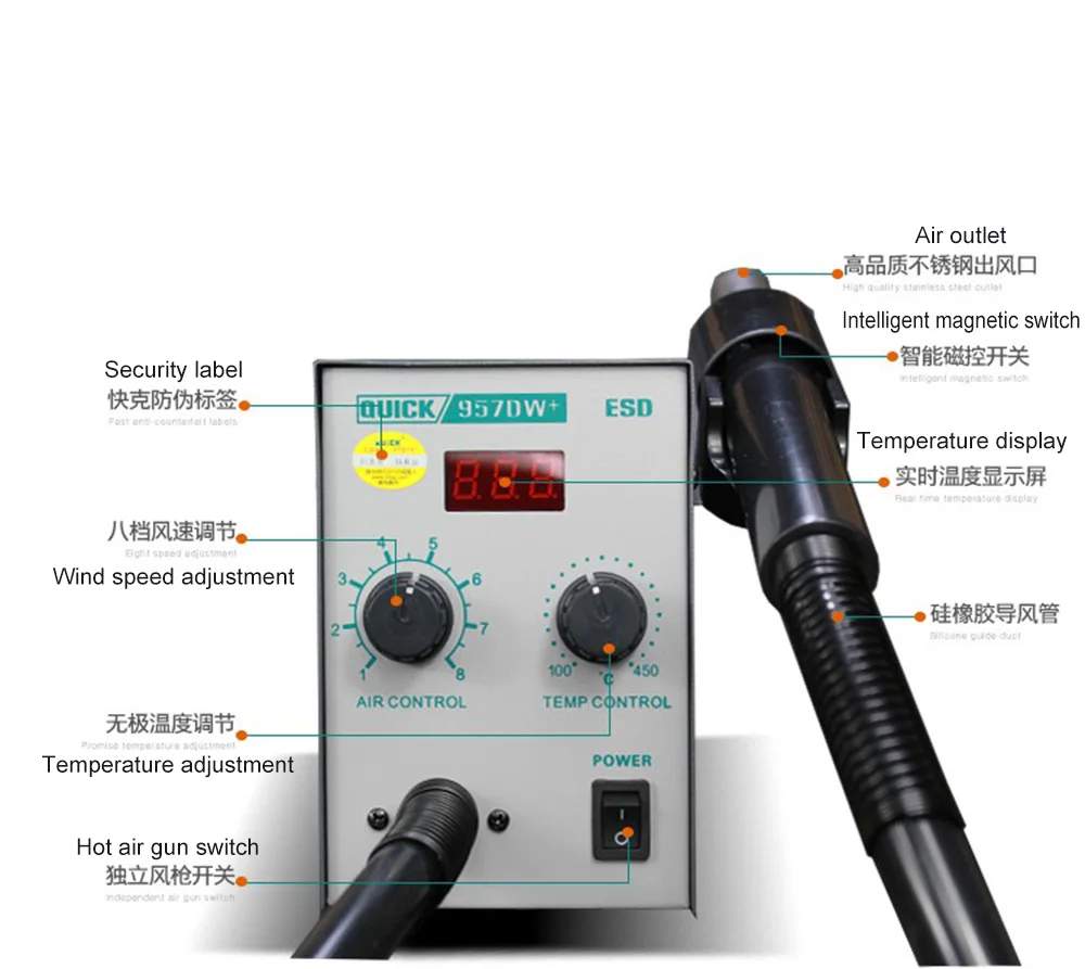 220V обновления быстрая 957DW+ светодиодный Дисплей Регулируемая горячий воздух Тепловая пушка с винтовой Ветер 400 Вт SMD паяльная станция с 3 воздушные сопла