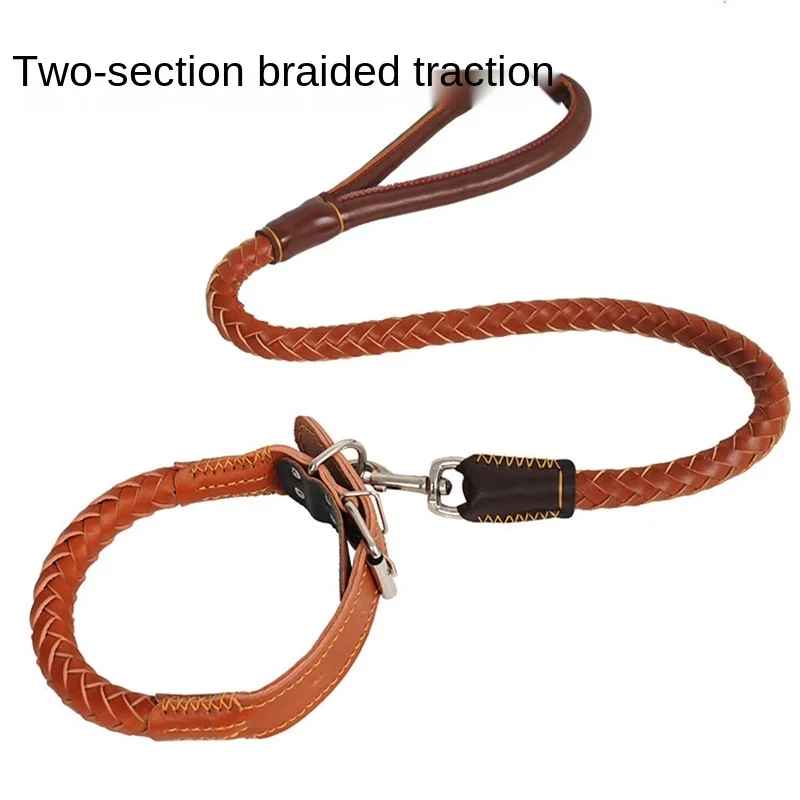 

Durable Leather Two-stage Leash For Pet Large Dog Collar Harness Plaid Braided Rope Dogs Leash Lead Strap Belt