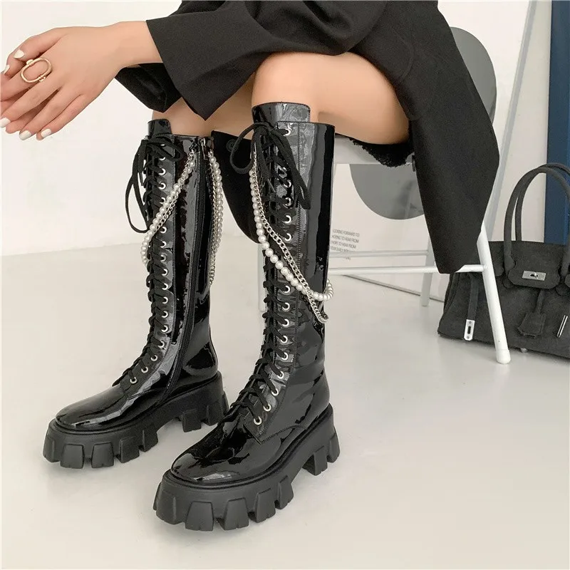 

New Full Cow Genuine Leather Motorcycle Boots Women Square High Heels Lace Up Winter Boots Ladies Knight Knee High Boots889