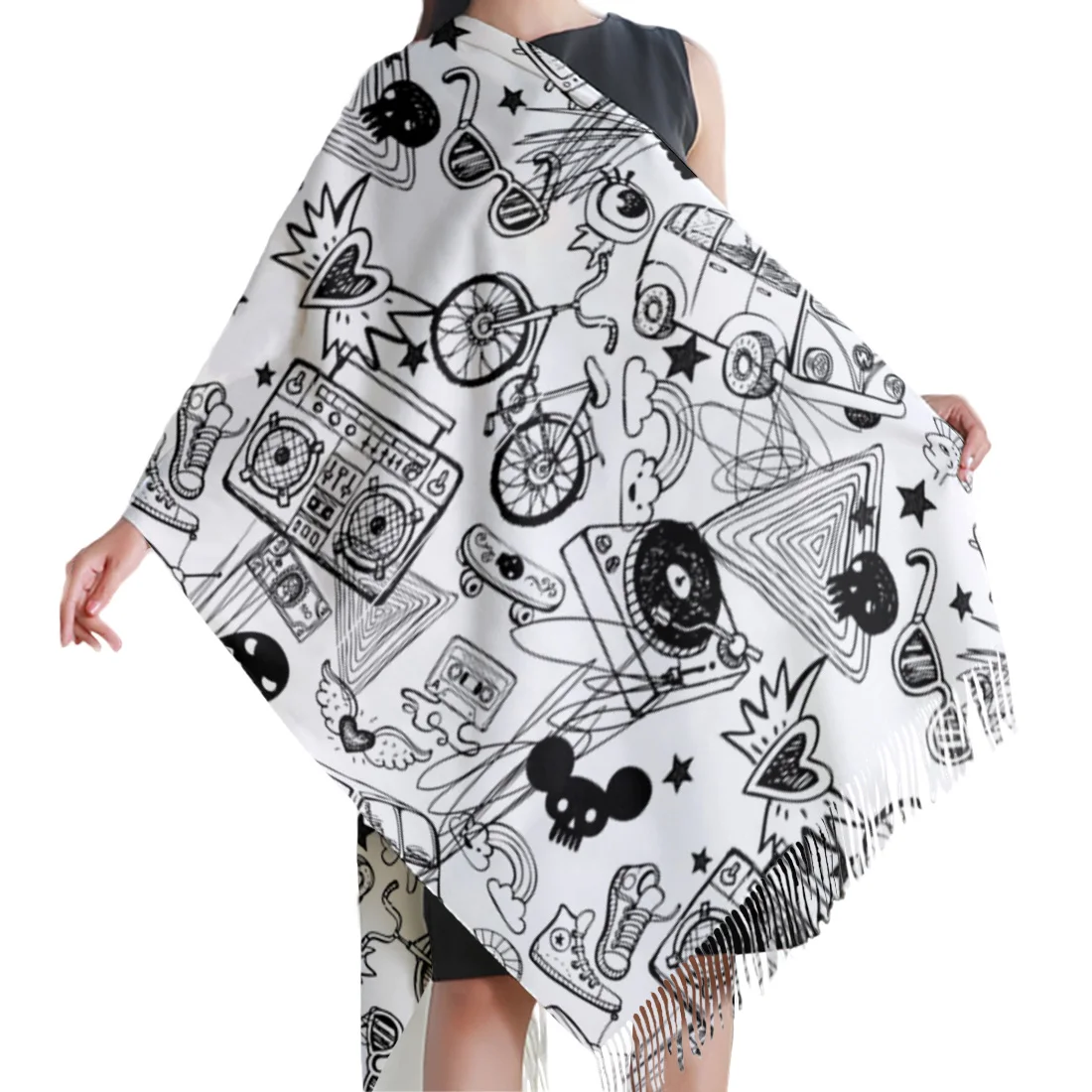 Spring Winter Women Scarf White Cartoon Doodling Warm Cashmere Scarves Shawls Neck Bandana Pashmina Lady Wrap |