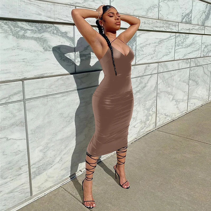 

Pu Faux Leather Women Slit Midi Dress Strap V Neck Backless Bodycon Sexy Streetwear Party Elegant Autumn Winter Club