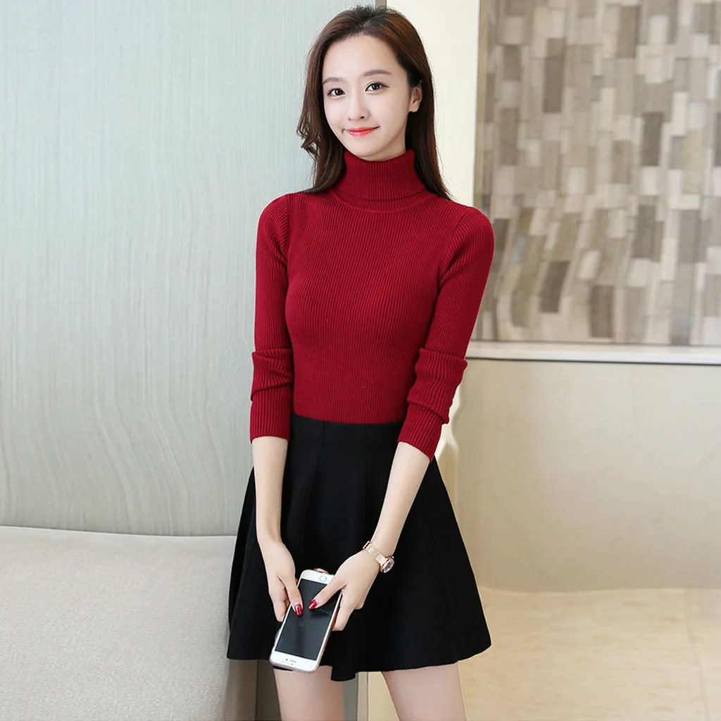 Женский свитер с высоким воротником однотонный облегающий Вязаный топ длинными