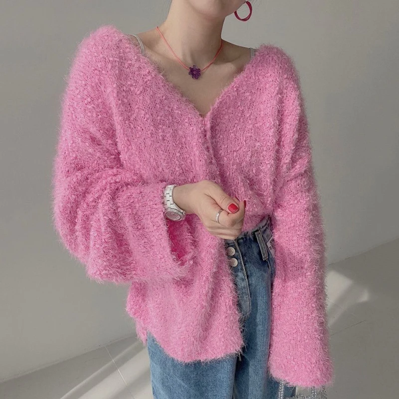 

Autumn 2021 New Korean Skin-exposed Top V-neck Raw Edge Single-breasted Loose Long-sleeved Knitted Cardigan DK1202