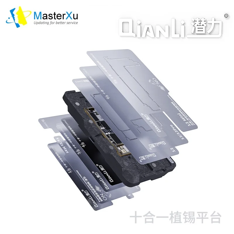

MasterXu QianLi 10in1 Middle Frame Reballing Stencil Kit Fixture for iPhone X XS 11 12 Pro Pro Max Middle Layer Board Soldering