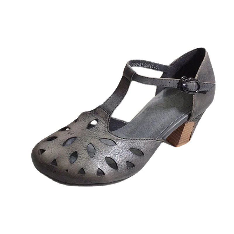 

Women Leather Sandals High Heels Shoes Summer Women Embroidery Hollow Out Gray Sandals For Women Genuine Leather Lady Shoes2021