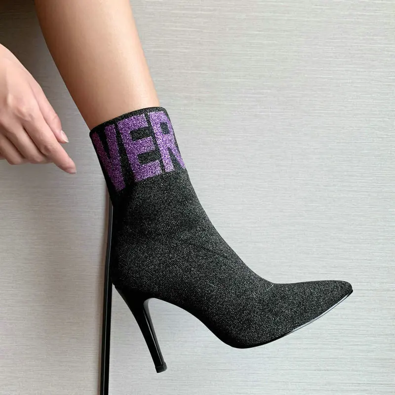 

2019 Women's Boots Fashion Spring Autumn Knitting Stretch Boots Women Thin Heel Pointed Toe Ankle Boots Beige Purple