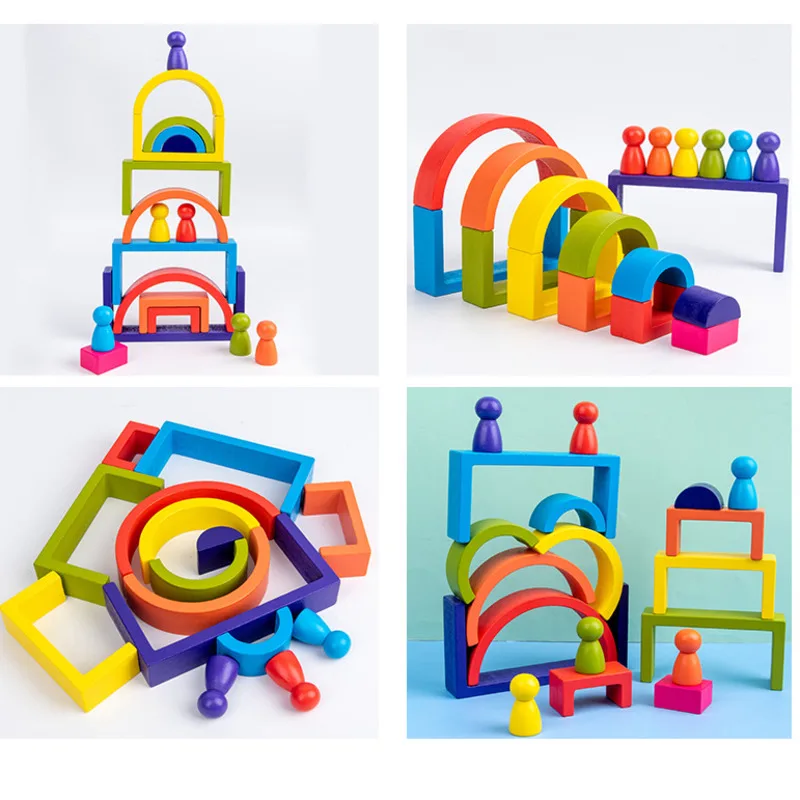Wooden Rainbow House Toy Set Bucket Building Block Combination Children's Education Toys Creative Stacking Game Stacker | Игрушки и