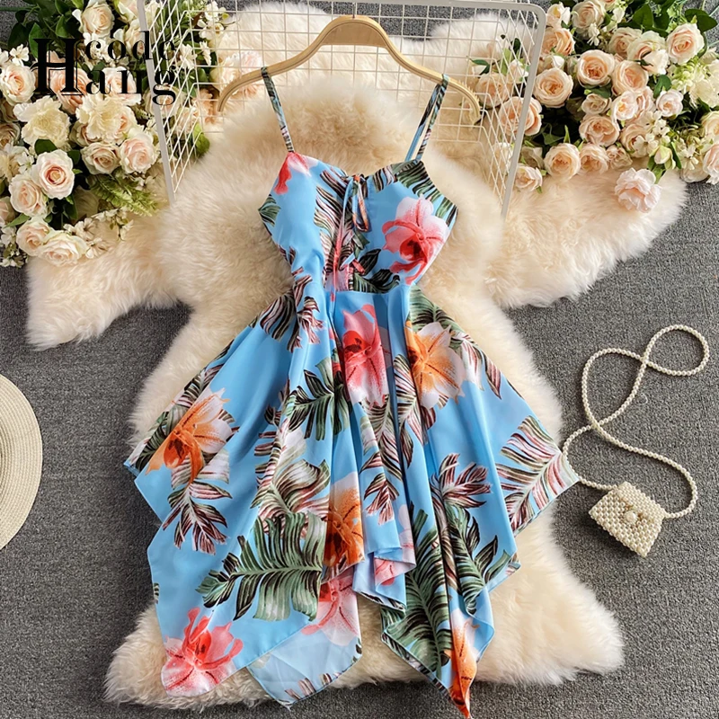 

HangCode Beach Fashion Irregular Spaghetti Strap Dress 2021 Summer Sexy Bandage Backless Holiday Dress Flower Print Boho Dress