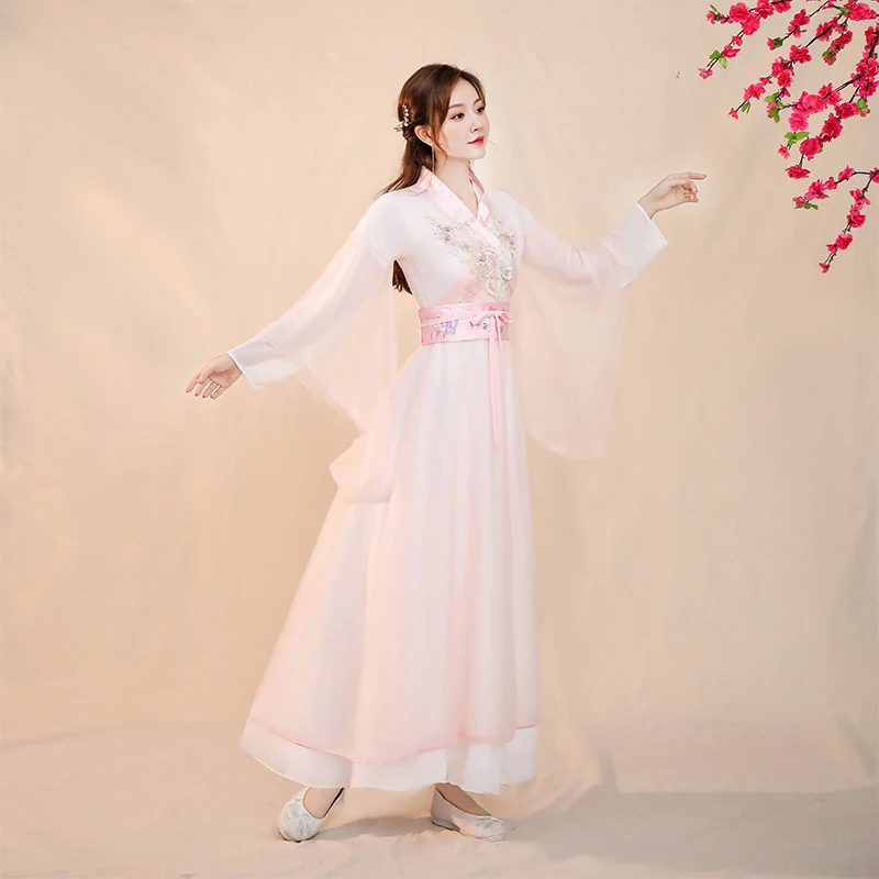 

Весенне-летнее сказочное платье ханьфу в китайском стиле с цветком вишни, сказочные Розовые Костюмы в старинном стиле с большим широким рук...