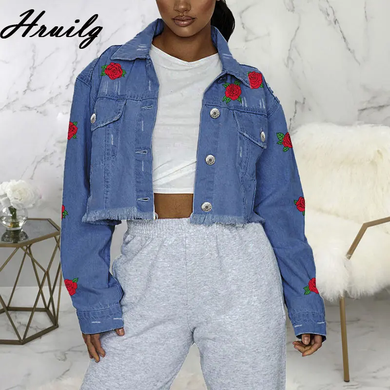 

Long Sleeve Jackets Coats Turn-down Collar Autumn Rose Print Casual Denim Jacket Streetwear Fashion Short Ladies Tops Tassel