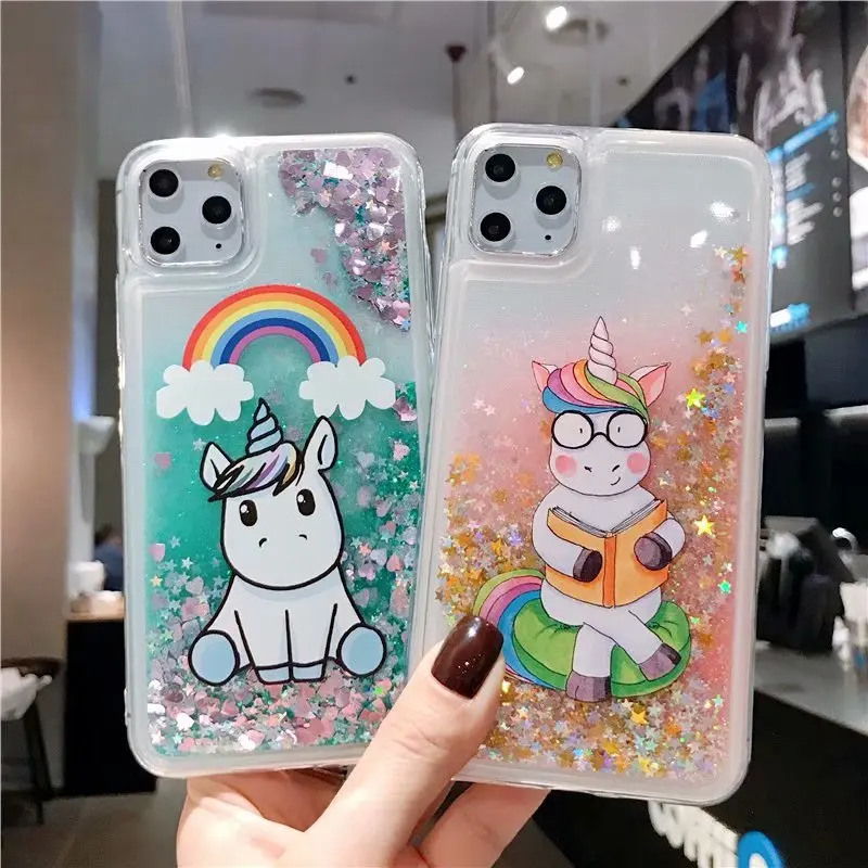 Жидкий чехол для iPhone 11 Pro XS Max X XR 5 с пандой единорогом кошкой блестящим зыбучим