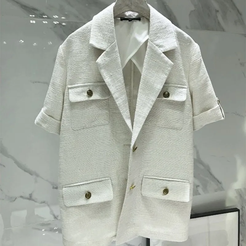 Офисная Женская летняя тонкая твидовая куртка с коротким рукавом женская