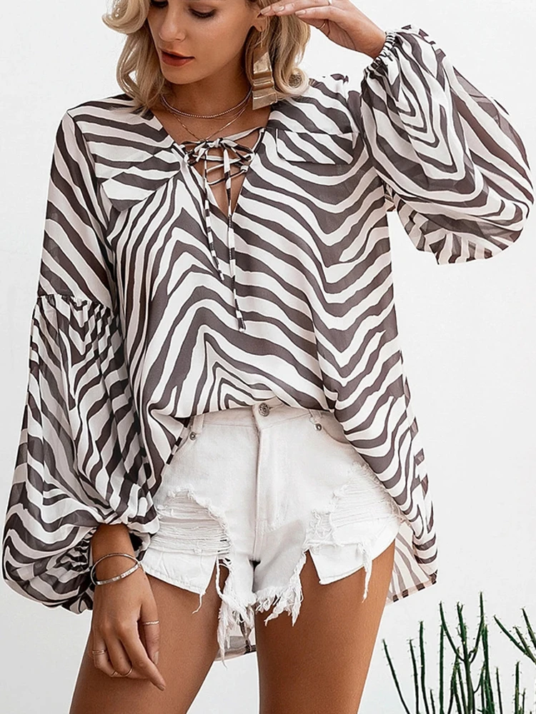 

2021 women's summer new style V-neck lace chiffon blouse plus size striped long-sleeved zebra print elegant ladies blouse