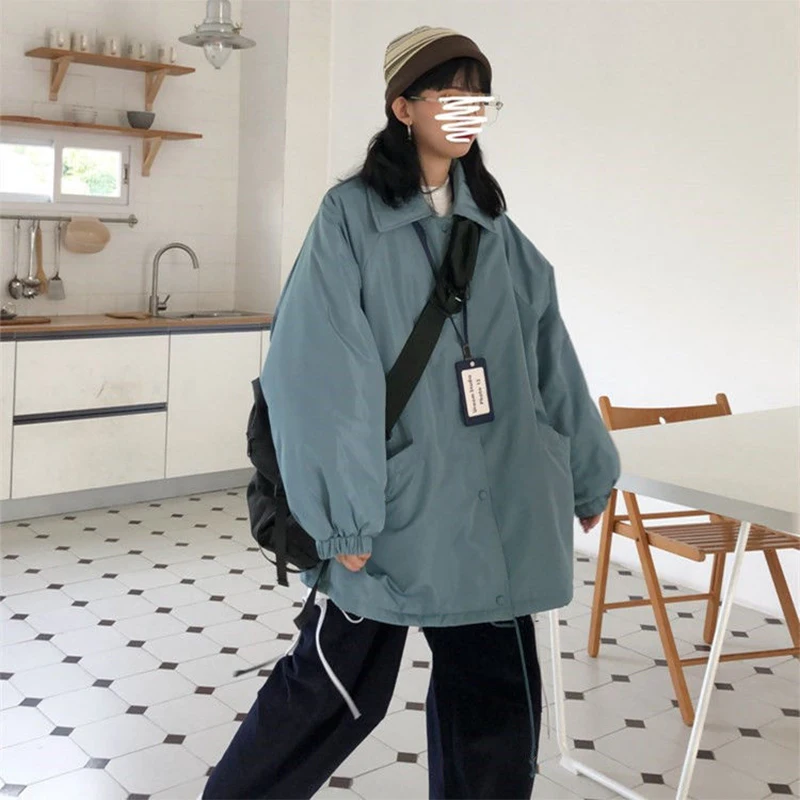 Thicken Solid Parkas Woman College Style Loose Long-sleeved Single-breasted Parkas Women Winter Warm Slim Women\'s Jacket 2022