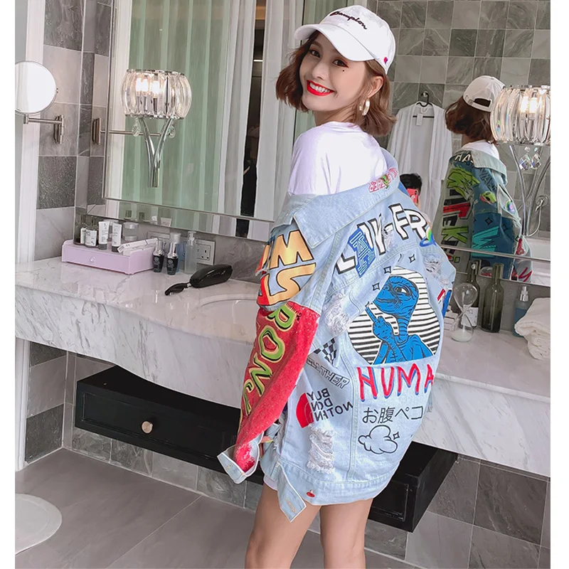 

Hip 2021 Woman Spring Autumn Hop Denim Jacket Hole Cartoon Doodle Lady Loose Cowboy Jacket