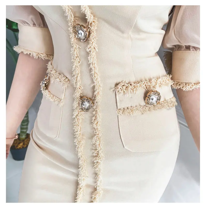 

2021 Office Mini Dress for Women Summer Fashion Short Sleeve Sexy Lace Apricot Pencil Dress Elegant Boho Party Dresses Vestidos