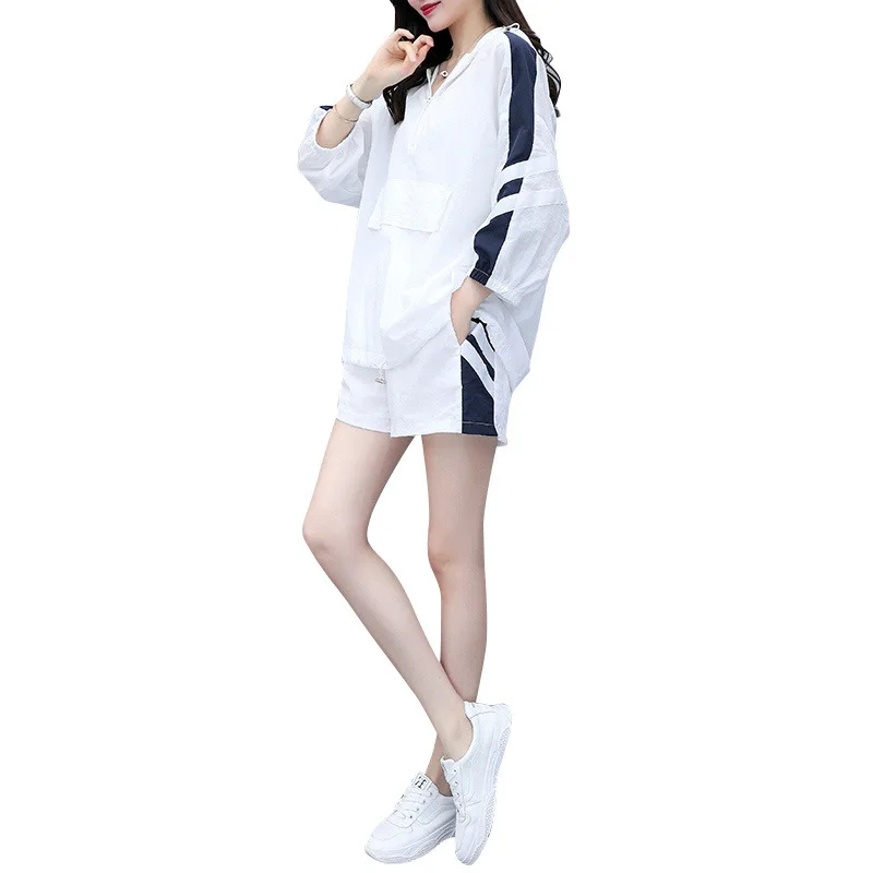 

New Sports Fashion Hooded T-shirt Sun Protection Women Suits Female Shorts Short Sleeve T-shirt Two-piece Summer Casual Outfits