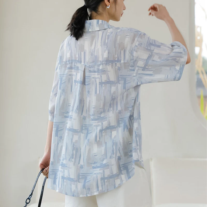 

HziriP 2021 Summer New French Print Retro Short Shirt Open Stitch Button Plaid Polo-Neck Blouse Temperament All-Match Sweet Girl