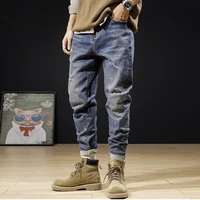 korean style fashion men jeans loose fit retro blue casual ripped jeans men streetwear hip hop elastic designer harem pants