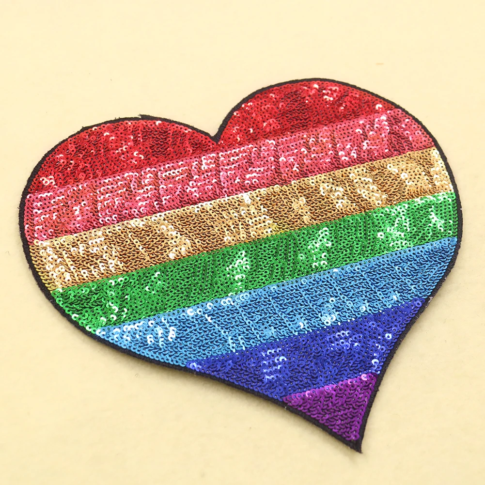 Большая Радужная аппликация с блестками для одежды полосатая нашивка сердцем